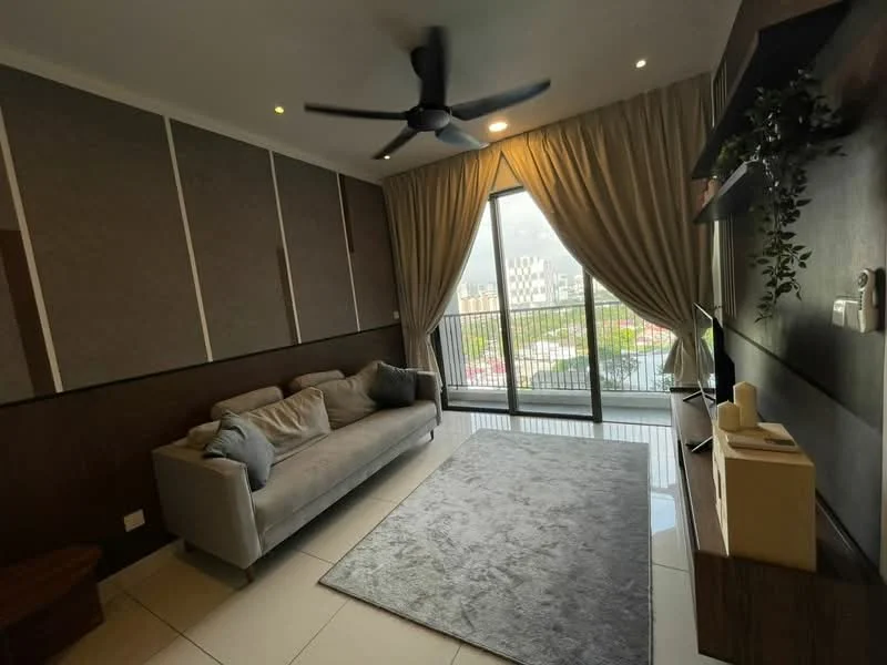 Living features: 3-seater fabric sofa in grey, area rug with solid pattern, floor-to-ceiling windows, sliding glass door, curtains in beige, ceiling fan, wall-mounted TV, wooden TV console, decorative wall shelving, accent wall with paneling, recessed downlights, tile flooring; style: modern; view: city.