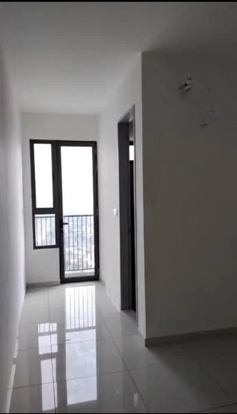 Room features: white painted walls, glossy ceramic tile flooring, floor-to-ceiling windows, sliding glass door, city view, recessed downlights, doorway to adjacent room; style: modern; view: city.