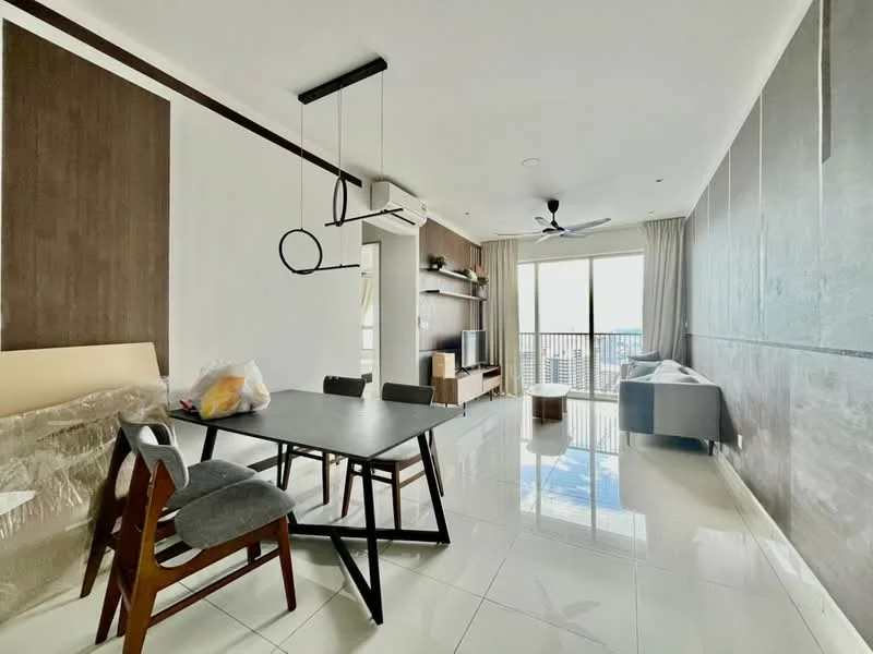 Living features: white painted walls, wood accent wall, polished ceramic tile flooring, 5-blade ceiling fan with light, floor-to-ceiling windows, sliding glass door, sofa in light grey, wooden coffee table, TV console, open shelving unit, dining table with 4 chairs, decorative wall art; style: modern; view: city.