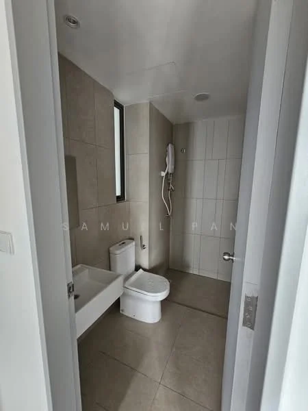 Bathroom features: bathtub, toilet, shower with wall-mounted showerhead, tile cladding on walls, ceramic tile flooring, window for natural light, white painted walls, built-in shower niche; style: modern.
