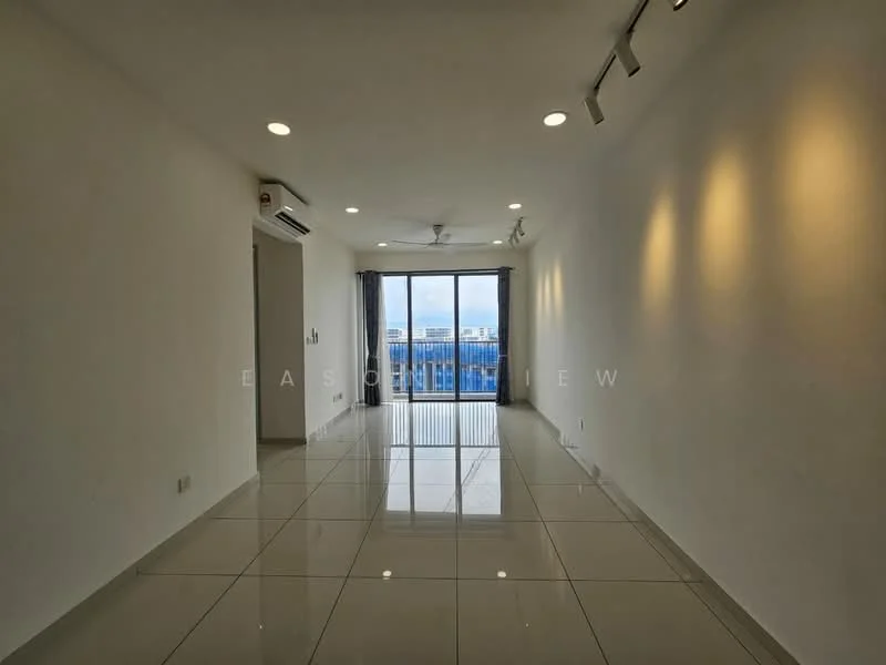Living features: white painted walls, glossy ceramic tile flooring, 5-blade ceiling fan with light, recessed LED downlights, floor-to-ceiling sliding glass door, balcony view, air conditioning unit, track lighting; style: modern; view: city.
