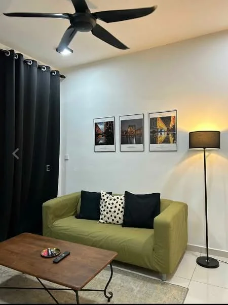 Living features: 3-seater fabric sofa in olive green, black throw pillows, white throw pillow with black polka dots, wood coffee table, floor lamp with black shade, framed artwork on walls, black curtains, recessed downlights, white tiled flooring; style: modern.