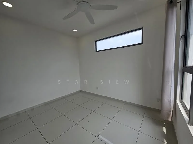 Room features: white painted walls, grey tiled flooring, ceiling fan, large window with view, curtains, recessed downlights; style: modern; view: sky.
