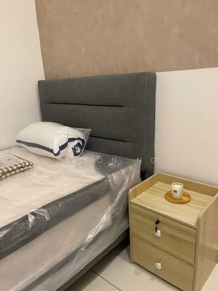 Bedroom features: queen-size bed, upholstered headboard in grey, white bedding, nightstand with two drawers, decorative cup on nightstand, plain wall with beige accent, tile flooring, window with natural light; style: modern.