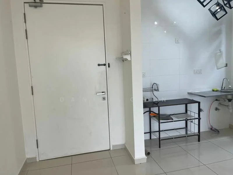 Room features: white walls, glossy tile flooring, metal shelving unit, stainless-steel sink, wall-mounted light fixtures, door, kitchen countertop, plumbing fixtures.