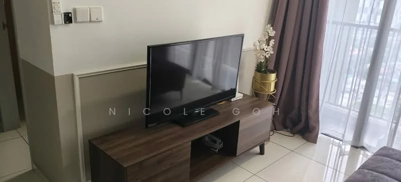 Living features: wall-mounted TV, wooden TV console, decorative plant in pot, floor-to-ceiling windows, curtains, white painted walls, ceramic tile flooring, light switch panel; style: modern; view: city.