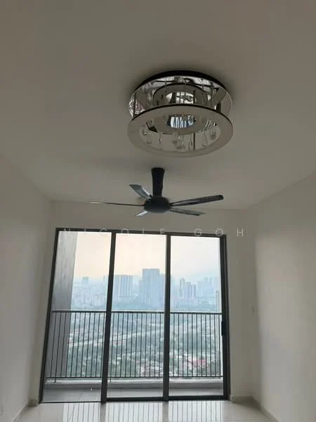 Room features: white painted walls, polished tile flooring, 5-blade ceiling fan, chandelier light fixture, floor-to-ceiling windows, black metal railing, city skyline view; style: modern; view: city.