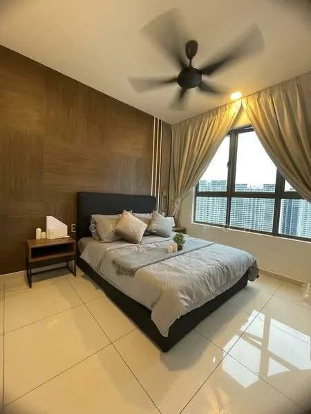 Bedroom features: king-size bed with grey bedding, upholstered headboard, 2 bedside lamps, nightstand, ceiling fan with 3 blades, floor-to-ceiling window, curtains, wood accent wall, white tiled flooring, decorative plants; style: modern; view: city.