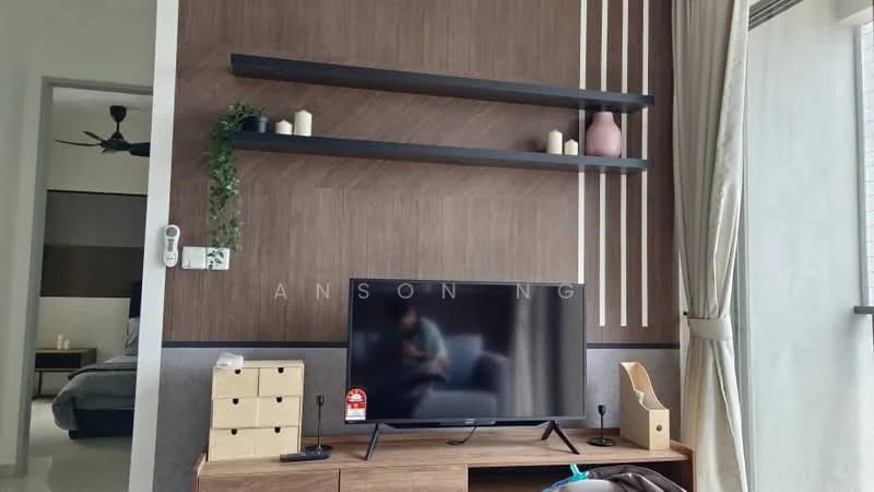 Living features: wood panel accent wall, floating shelves, wall-mounted TV, wooden TV console, decorative candles, box storage, ceiling fan, curtains, neutral color palette; style: modern.