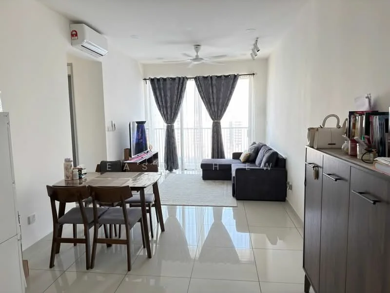 Living features: 3-seater fabric sofa in dark grey, coffee table, TV console, wall-mounted TV, area rug, floor-to-ceiling windows, sheer curtains, 5-blade ceiling fan with light, white painted walls, polished tile flooring; style: modern; view: city. Dining features: 4-seater dining table, wooden dining chairs, sideboard cabinet, decorative items on sideboard; style: modern.