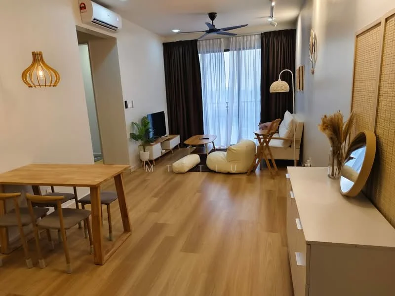 Living features: laminate flooring, white painted walls, 5-blade ceiling fan with light, sofa in cream fabric, wooden coffee table, TV console, wall-mounted TV, floor-to-ceiling windows with sheer curtains, decorative wall art, light wood side table, potted plant, area rug with geometric pattern; style: modern; view: city. Dining features: wooden dining table for four, four wooden dining chairs, decorative wall mirror; style: modern.