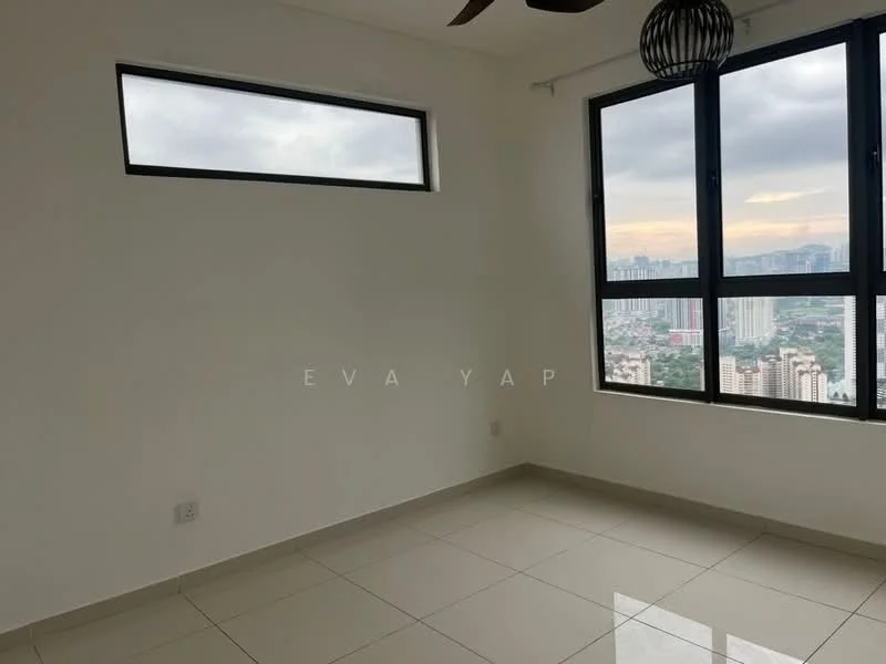 Room features: white painted walls, large floor-to-ceiling windows, small rectangular window, light-colored tile flooring, ceiling fan, neutral decor, city skyline view; style: modern; view: city.