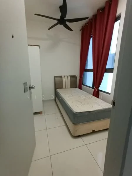 Bedroom features: single bed, upholstered headboard, white walls, grey tiled flooring, 5-blade ceiling fan, floor-to-ceiling windows, red curtains, built-in wardrobe; style: modern.