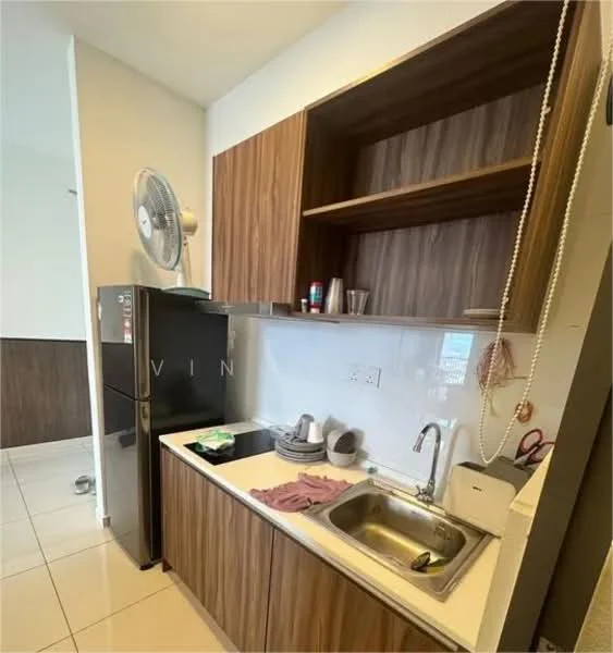Kitchen features: brown wooden cabinetry, white countertop, single-bowl stainless-steel sink, chrome pull-down faucet, stainless-steel fridge, wall-mounted fan, open shelving, white tiled backsplash, ceramic tile flooring, kitchen utensils on countertop; style: modern.