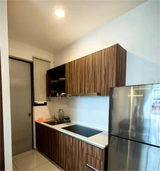Kitchen features: brown wooden cabinetry, white countertop, single-bowl stainless-steel sink, chrome pull-down faucet, built-in electric cooktop, stainless-steel refrigerator, tile backsplash, recessed downlights, white walls, sliding door, floor tiles, open shelving; style: modern.