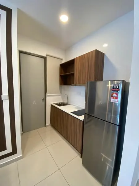 Kitchen features: brown wood cabinetry, white countertop, single-bowl stainless-steel sink, chrome pull-down faucet, built-in stove, stainless-steel fridge, white tiled backsplash, ceramic tile flooring, recessed downlights, grey door, wall-mounted cabinet; style: modern.