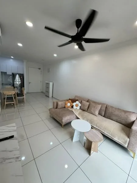 Living features: 3-seater fabric sofa in beige, 2-seater fabric sofa in beige, coffee table with wooden legs, white side table, 5-blade ceiling fan with light, recessed LED downlights, white painted walls, glossy white tile flooring, open layout to kitchen, dining area with wooden dining table, floor-to-ceiling windows, decorative cushions with floral pattern; style: modern. Kitchen features: stainless-steel fridge, white cabinetry, marble countertop, built-in oven, ceramic cooktop, open shelving, recessed LED downlights; style: modern.