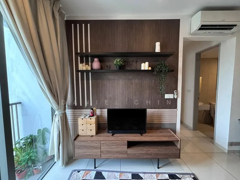 Living features: wooden TV console, black flat-screen TV, wall-mounted shelves, decorative plants, candles on shelves, cream curtains, white walls, grey accent wall with vertical stripes, tile flooring, air conditioning unit; style: modern.
