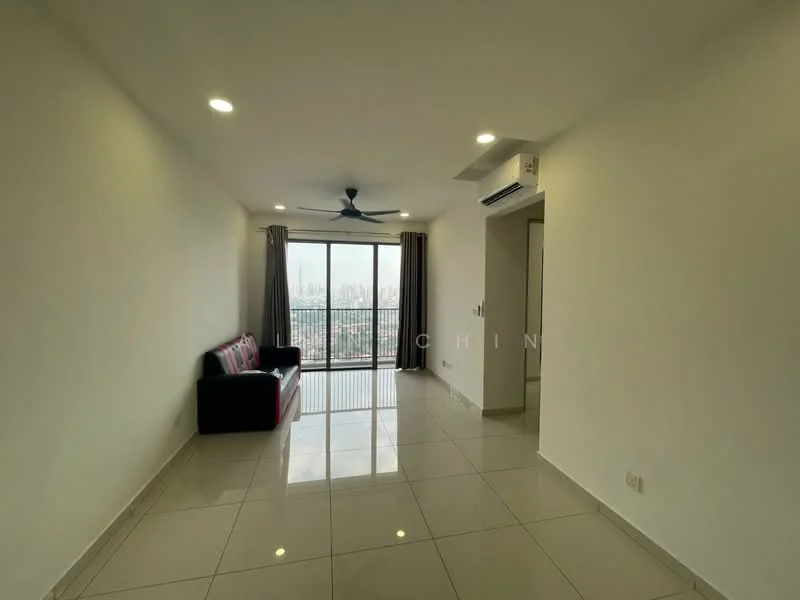 Living features: white painted walls, glossy tile flooring, 5-blade ceiling fan with light, floor-to-ceiling windows, sliding glass door, curtains, sofa in black, recessed downlights; style: modern; view: city.