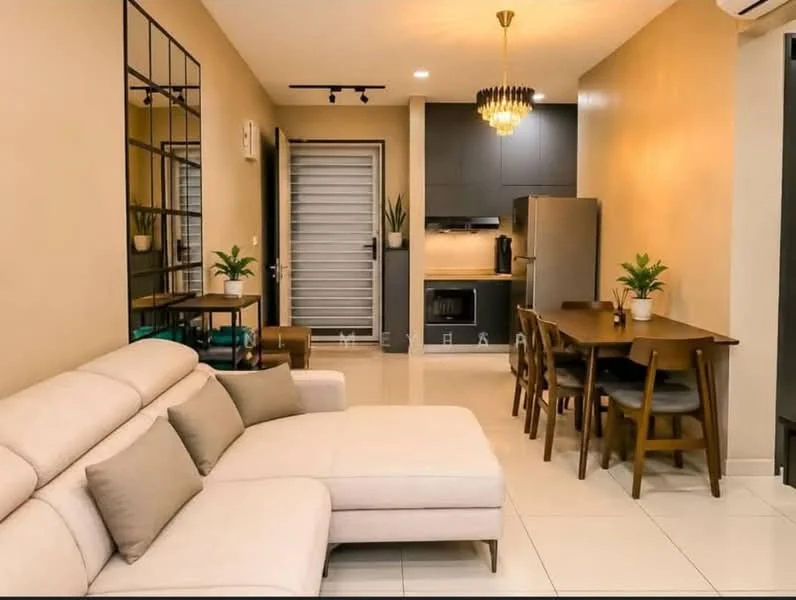 Living features: L-shape sectional sofa in cream, decorative cushions in beige, coffee table, wall-mounted TV, area rug, pendant light fixture, floor-to-ceiling windows, plant in ceramic pot, white painted walls, tile flooring, recessed downlights, ceiling-mounted air conditioning unit; style: modern. Kitchen features: stainless-steel fridge, built-in oven, 4-burner gas hob, black cabinetry, white countertop, kitchen island, sink, chrome pull-down faucet; style: modern. Dining features: 4-seater dining table, wooden dining chairs, plant in ceramic pot; style: modern.
