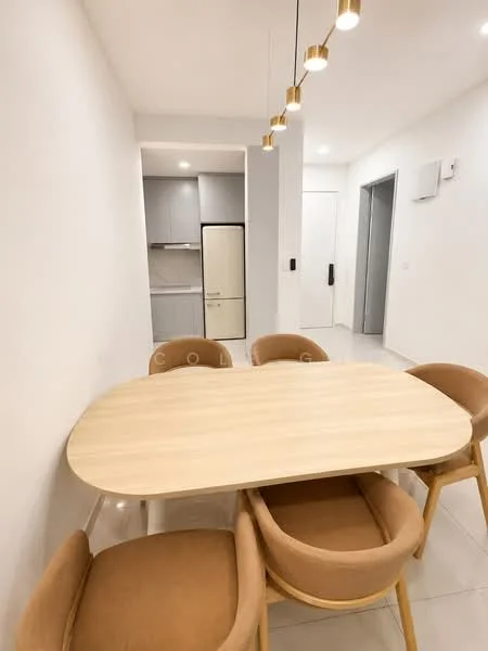 Dining features: oval wooden dining table, 4 upholstered dining chairs in beige, white painted walls, tile flooring, recessed downlights, kitchen area visible in background, built-in cabinetry in grey, fridge visible in kitchen area; style: modern.