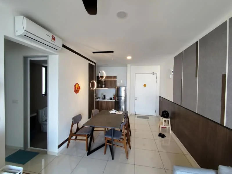 Dining features: dining table for 4, wooden dining chairs, pendant light fixture, white walls, tile flooring, air conditioning unit, refrigerator visible in background, open layout to living area, decorative wall art, ceiling fan, wall paneling with dark wood finish, large window for natural light; style: modern. Room features: white walls, tile flooring, door to bathroom, light fixture, open layout.