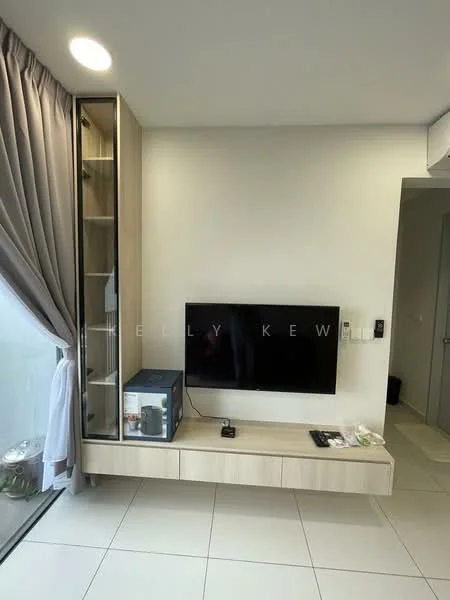 Living features: light grey walls, white ceiling, floor-to-ceiling windows, curtains in light grey, light wood TV console, wall-mounted TV, glass display cabinet, white tiled flooring, remote control panel, decorative items on console; style: modern.