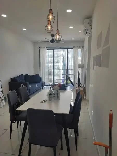 Dining features: white dining table, 4 upholstered dining chairs in grey, pendant lights with wire cage design, floor-to-ceiling windows, sliding glass door, air conditioning unit, light-coloured tiled flooring, decorative wall art, houseplants in ceramic pots, open layout to living area; style: modern; view: city. Living features: 3-seater fabric sofa in dark blue, coffee table, TV console, wall-mounted TV, area rug, light-coloured tiled flooring, floor-to-ceiling windows, curtains, air conditioning unit; style: modern; view: city.