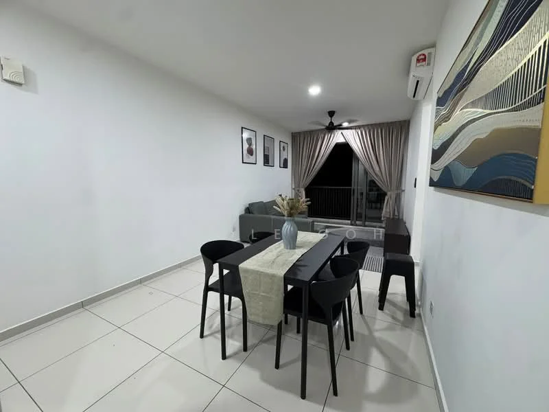 Dining features: 6-seater dining table, black dining chairs, white table runner, floor-to-ceiling windows, curtains, wall-mounted split AC, recessed downlights, light-colored tiled flooring, decorative artwork on walls, sofa in grey fabric, area rug with geometric pattern; style: modern; view: city.