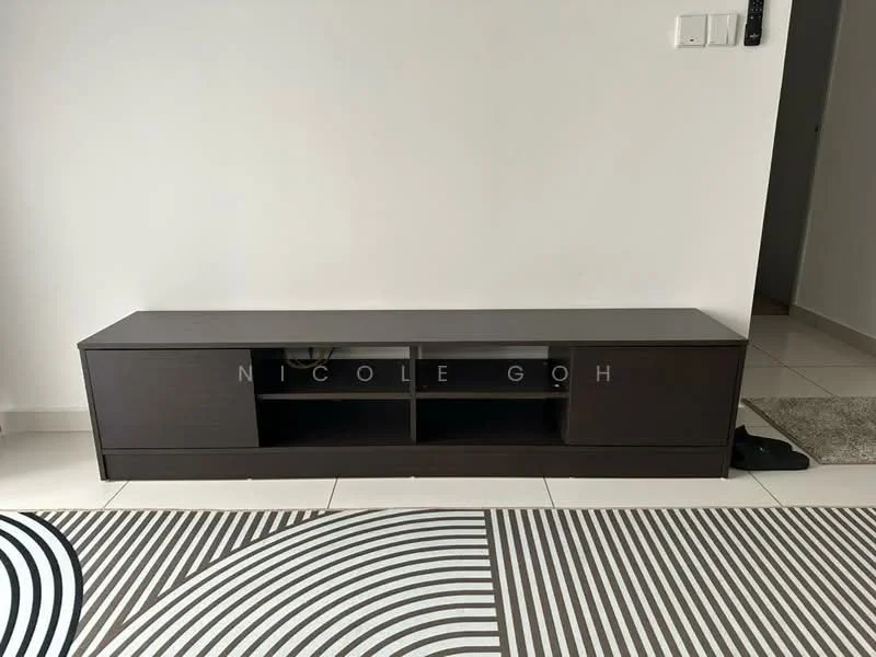 Living features: dark wood TV console with open shelving, white walls, cream tiled flooring, area rug with geometric pattern; style: modern.