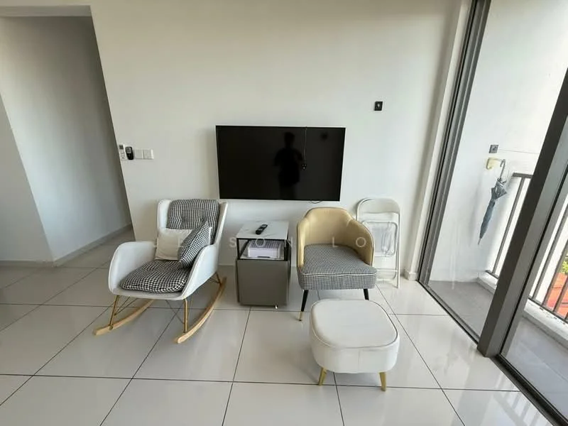 Living features: white painted walls, glossy tile flooring, floor-to-ceiling windows, wall-mounted TV, rocking chair with white upholstery, armchair with patterned fabric, small round ottoman, mini fridge, sliding glass door, curtain rod, balcony access; style: modern.