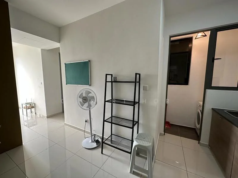 Room features: white painted walls, glossy tile flooring, window with black frame, black metal shelving unit, white plastic stool, standing fan, laundry area visible, light fixture, green chalkboard; style: modern.