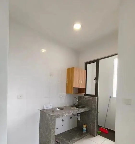 Kitchen features: white painted walls, grey granite countertop, wooden cabinetry, single-bowl stainless-steel sink, chrome faucet, tile flooring, recessed ceiling lights, window with view to outside; style: modern.
