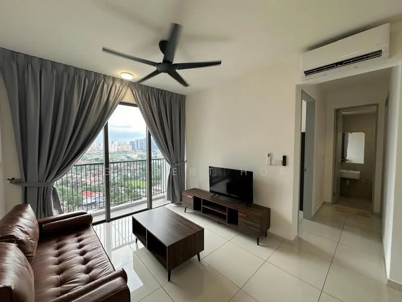 Living features: 3-seater brown leather sofa, wooden coffee table, wall-mounted TV, floor-to-ceiling windows, grey curtains, white painted walls, recessed ceiling lights, 5-blade ceiling fan, white tiled flooring, air conditioning unit; style: modern; view: city. Room features: doorway leading to bathroom, neutral wall color, light-colored flooring.