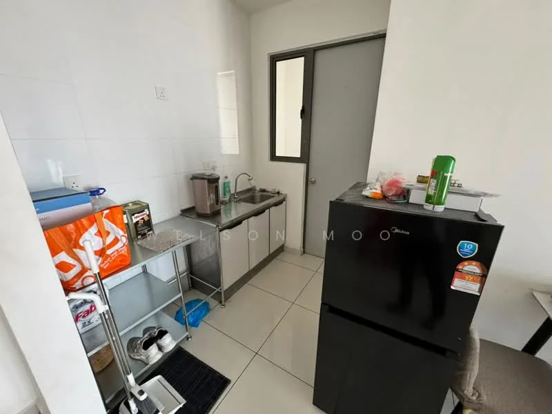 Kitchen features: stainless-steel sink, chrome pull-down faucet, white tiled walls, white cabinetry, black fridge, countertop with storage underneath, kitchen cart, ceramic tile flooring, window with view, small appliances on countertop; style: modern.
