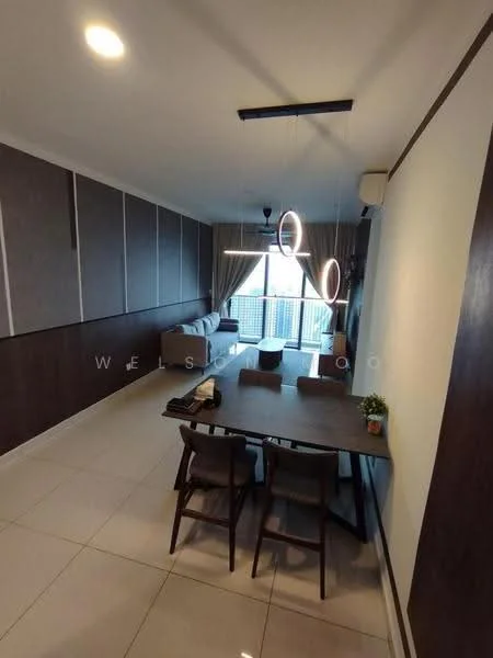 Dining features: dining table with 6 chairs, pendant light fixture, floor-to-ceiling windows, curtains, light-colored tiled flooring, wood paneling on walls, sofa in background, air conditioning unit, decorative plant on table; style: modern; view: city. Living features: sofa, coffee table, wall-mounted TV, light-colored tiled flooring, wood paneling on walls, air conditioning unit, curtains; style: modern; view: city.