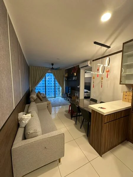 Living features: grey fabric sofa, coffee table, wall-mounted TV, TV console, dining table with chairs, floor-to-ceiling windows, curtains, recessed downlights, air conditioning unit, decorative wall with wood paneling, white tiled flooring; style: modern; view: city.