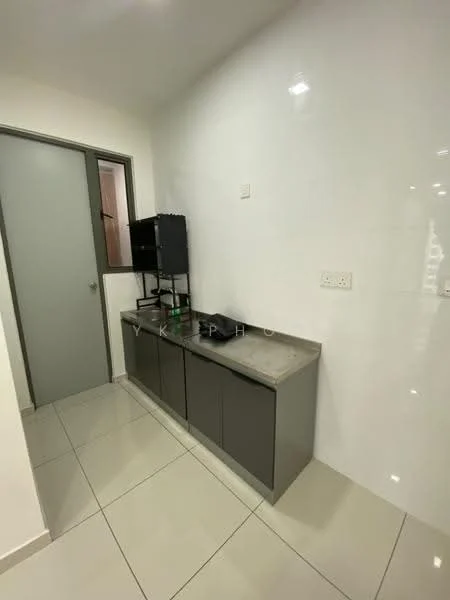 Kitchen features: grey cabinetry, stone countertop, single-bowl stainless-steel sink, chrome pull-down faucet, white tiled walls, ceramic tile flooring, built-in shelving unit, door leading to another room; style: modern.