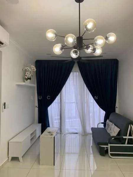 Living features: white walls, glossy white tile flooring, 5-blade ceiling fan with light, modern chandelier with multiple bulbs, black fabric sofa, white TV console, floor-to-ceiling windows, dark blue curtains, decorative wall shelf with plants; style: modern.