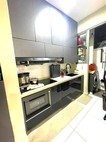 Kitchen features: grey flat-panel cabinets, white countertop, single-bowl stainless-steel sink, chrome pull-down faucet, built-in microwave, freestanding range oven, stainless-steel range hood, ceramic tile flooring, recessed downlights, open shelving, washing machine, kitchen utensils on countertop; style: modern.