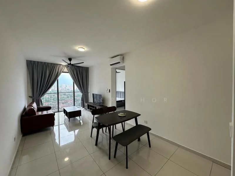 Living features: 3-seater fabric sofa in maroon, coffee table, TV console, wall-mounted TV, floor-to-ceiling windows, curtains, ceiling fan, recessed downlights, glossy tile flooring, dining table with 4 chairs; style: modern; view: city.