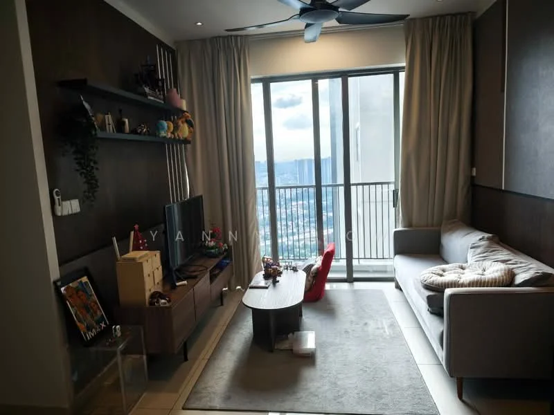 Living features: 3-seater fabric sofa in light grey, coffee table, TV console, wall-mounted TV, area rug, floor-to-ceiling windows, curtains, ceiling fan with light, decorative wall shelf, wall-mounted artwork, plant decoration; style: modern; view: city.