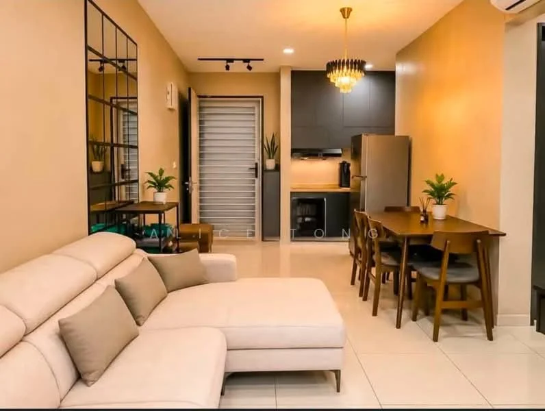 Living features: L-shape sectional sofa in cream, decorative cushions, coffee table, wall-mounted TV, dining table with four wooden chairs, recessed downlights, pendant light fixture, white tiled flooring, cream painted walls, greenery in pots, sliding glass door, kitchen area with dark cabinetry, stainless-steel fridge, kitchen countertop, open layout; style: modern.