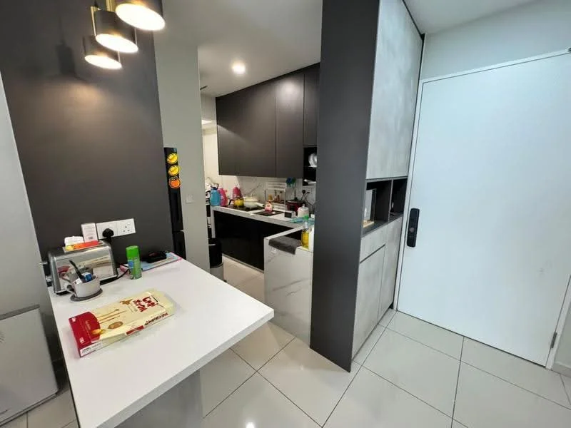 Kitchen features: white marble countertop, black cabinetry, stainless-steel sink, chrome pull-down faucet, built-in oven, microwave, refrigerator, tile flooring, pendant lighting, open shelving, kitchen island, wall-mounted cabinets, countertop appliances, decorative items on countertop; style: modern.