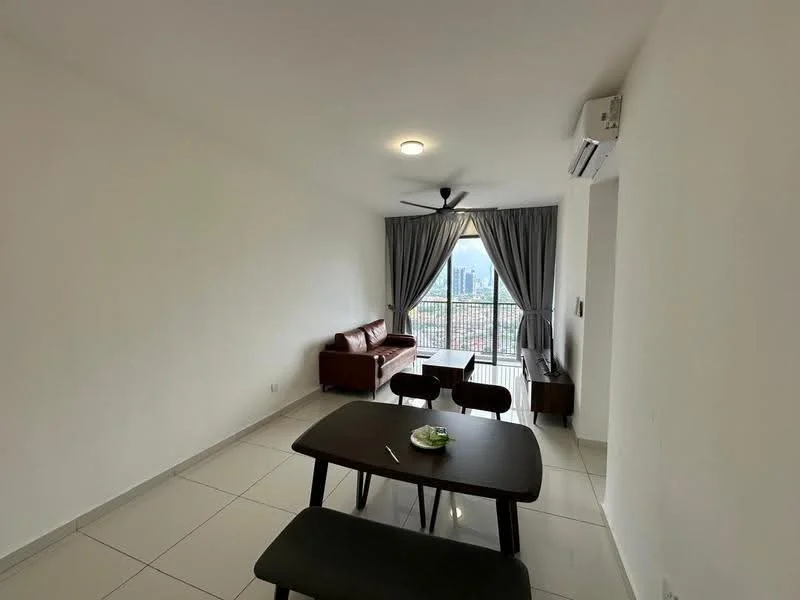 Living features: white painted walls, glossy white tile flooring, 5-blade ceiling fan with light, floor-to-ceiling windows, grey sheer curtains, brown leather sofa, wooden coffee table, wooden TV console, green decorative plant; style: modern; view: city.