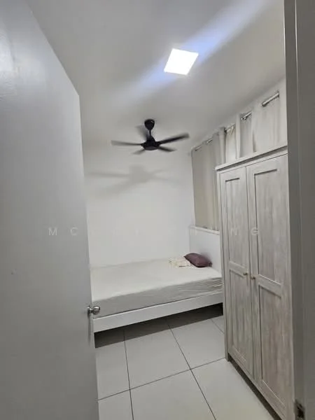 Bedroom features: white painted walls, tile flooring, 5-blade ceiling fan, single bed, built-in wardrobe with sliding doors, window with sheer curtains, LED ceiling light, minimalist decor; style: modern.