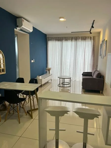 Living features: grey fabric sofa, coffee table, floor-to-ceiling windows with sheer curtains, white walls, white tiled flooring, wall-mounted air conditioning unit, recessed lighting, decorative wall art, open layout to dining area; style: modern. Dining features: marble dining table, 4 black dining chairs with wooden legs, open shelving unit, decorative items on shelf; style: modern.