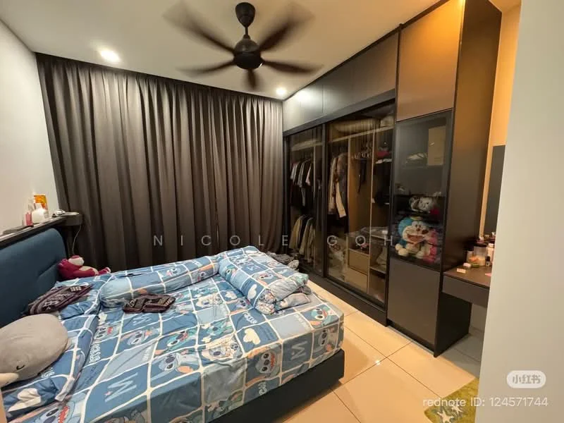 Bedroom features: king-size bed with blue bedding, upholstered headboard, ceiling fan, built-in wardrobe with sliding doors, dark curtains, tile flooring, nightstand, decorative items on nightstand, wall-mounted mirror; style: modern.