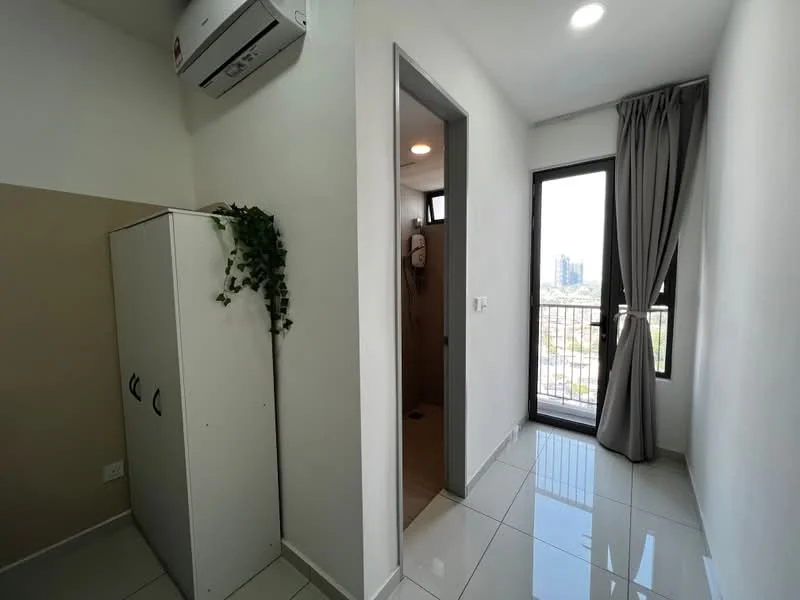 Room features: white painted walls, grey accent wall, glossy tile flooring, floor-to-ceiling window, curtains, wall-mounted split AC, built-in wardrobe, doorway leading to bathroom; style: modern; view: city.