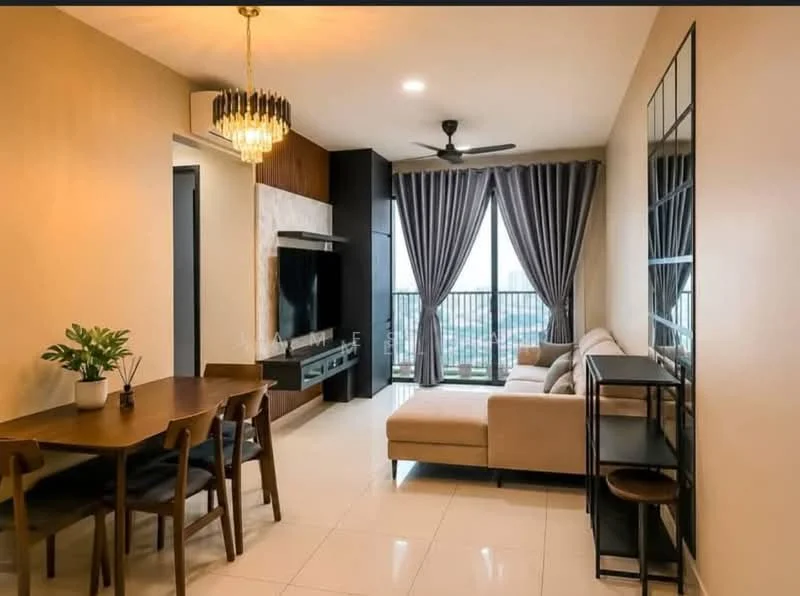 Living features: cream painted walls, white tiled flooring, 5-blade ceiling fan with light, chandelier, floor-to-ceiling windows, grey curtains, light beige sectional sofa, black TV console, wall-mounted TV, decorative plant on table, dining table with four wooden chairs, black shelving unit; style: modern; view: city.